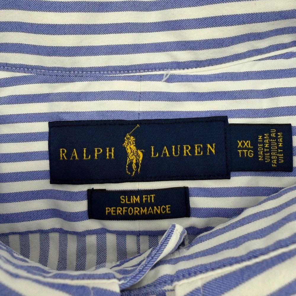 Polo Ralph Lauren Button Down XXL Blue White Striped Slim Fit Performance Shirt